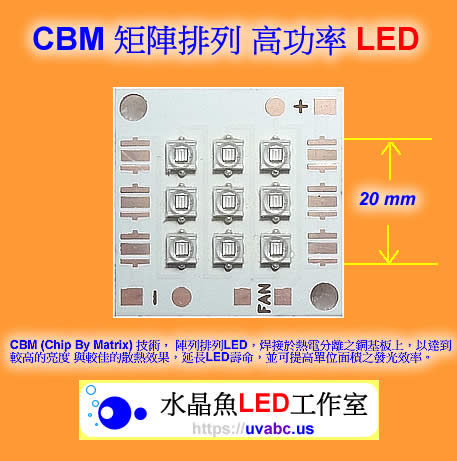 LED照明 CBM (Chip By Matrix) 技術，是將數顆LED燈珠 陣列排列，焊接於熱電分離之銅基板上，以達到較高的亮度 與較佳的散熱效果，延長LED壽命，並可提高單位面積之發光效率。 -【水晶魚LED工作室】